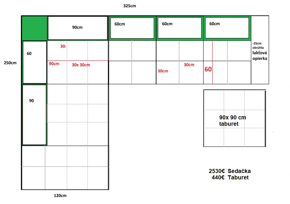 Sedačka PLAZA 325 x 250cm (s posuvným operadlom)