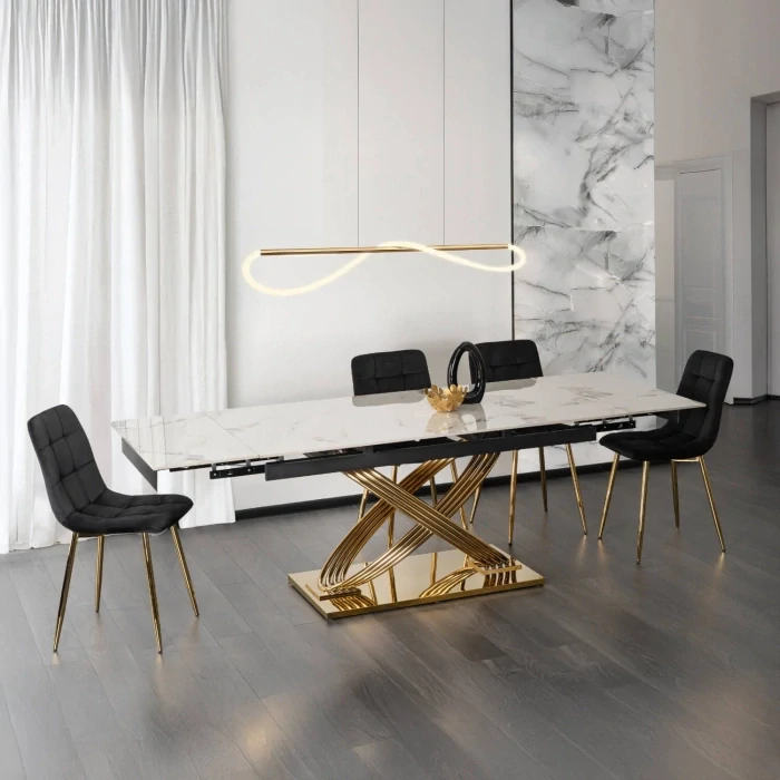 Stôl IBIZA 160-240 cm, biely mramor/zlatá