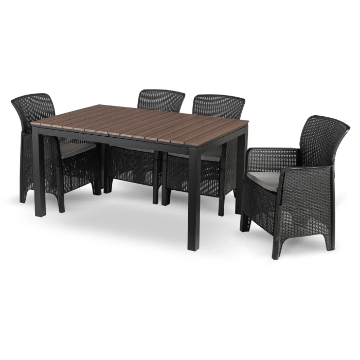 Záhradný nábytok ARGOS stôl 140-180 cm, orech a 4 kreslá FRESNO, čierne