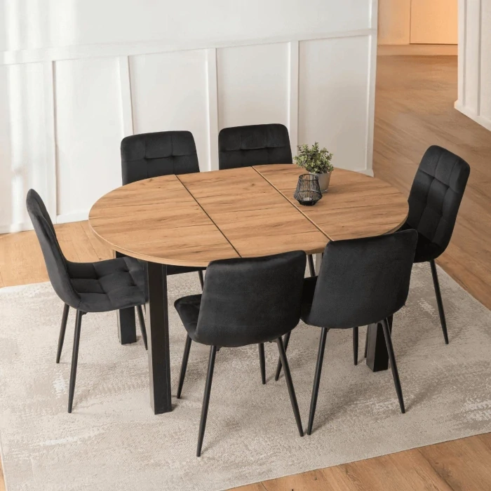 Zostava stôl HARRY 102-142 cm, dub craft+ 6x stolička PERU čierna