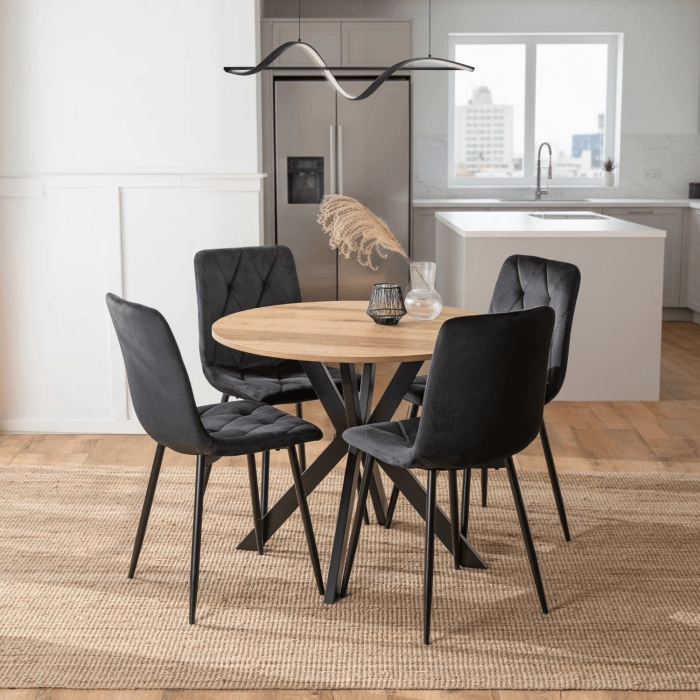 Zostava stôl LAUREN 90 cm zlatý dub/čierny, 4 stoličky ROBIN čierne