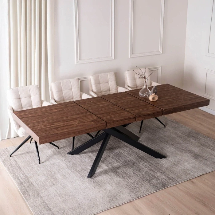 Zostava stôl HAMPTON 160-240 cm orech/čierna +  4x stolička AKITA krémová