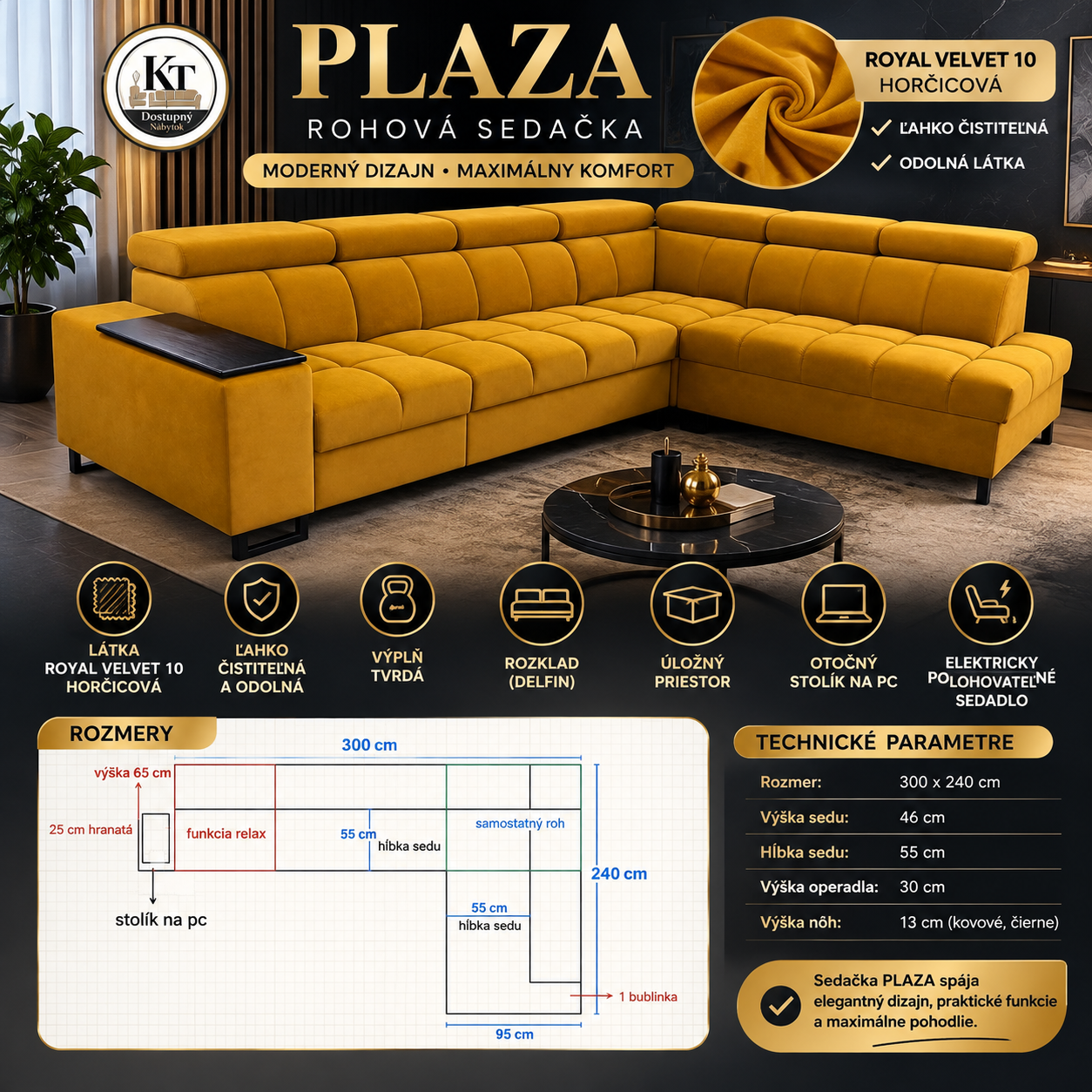 Rohová sedačka PLAZA 300 x 240 cm, pravý roh, Royal Velvet 10 horčicová – skladom
