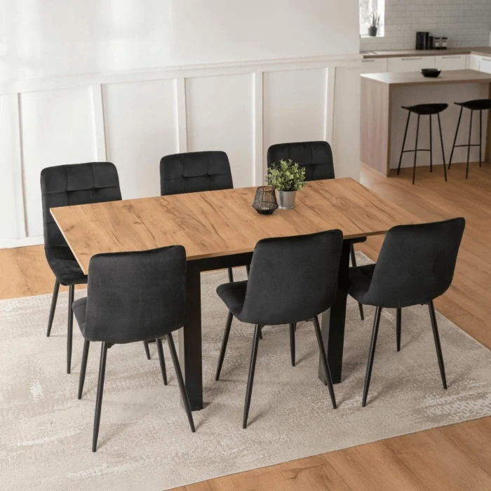 Zostava stôl MAX 80-160 cm, dub craft/čierna + 6x stolička PERU čierna