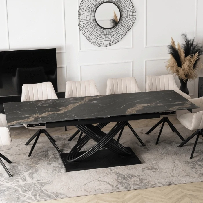 Zostava stôl IBIZA 160-240 cm čierny mramor/čierna + 4x stolička MUMBAI krémová