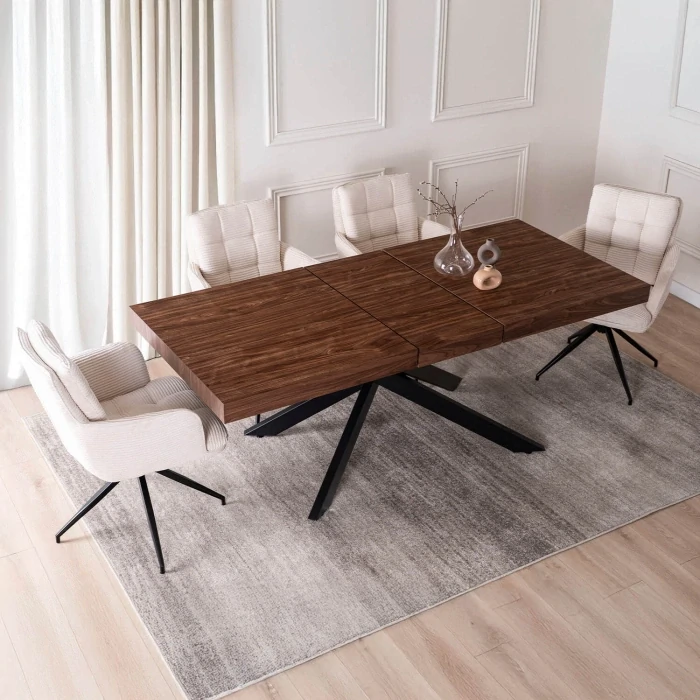 Zostava stôl HAMPTON 160-240 cm orech/čierna +  4x stolička AKITA krémová