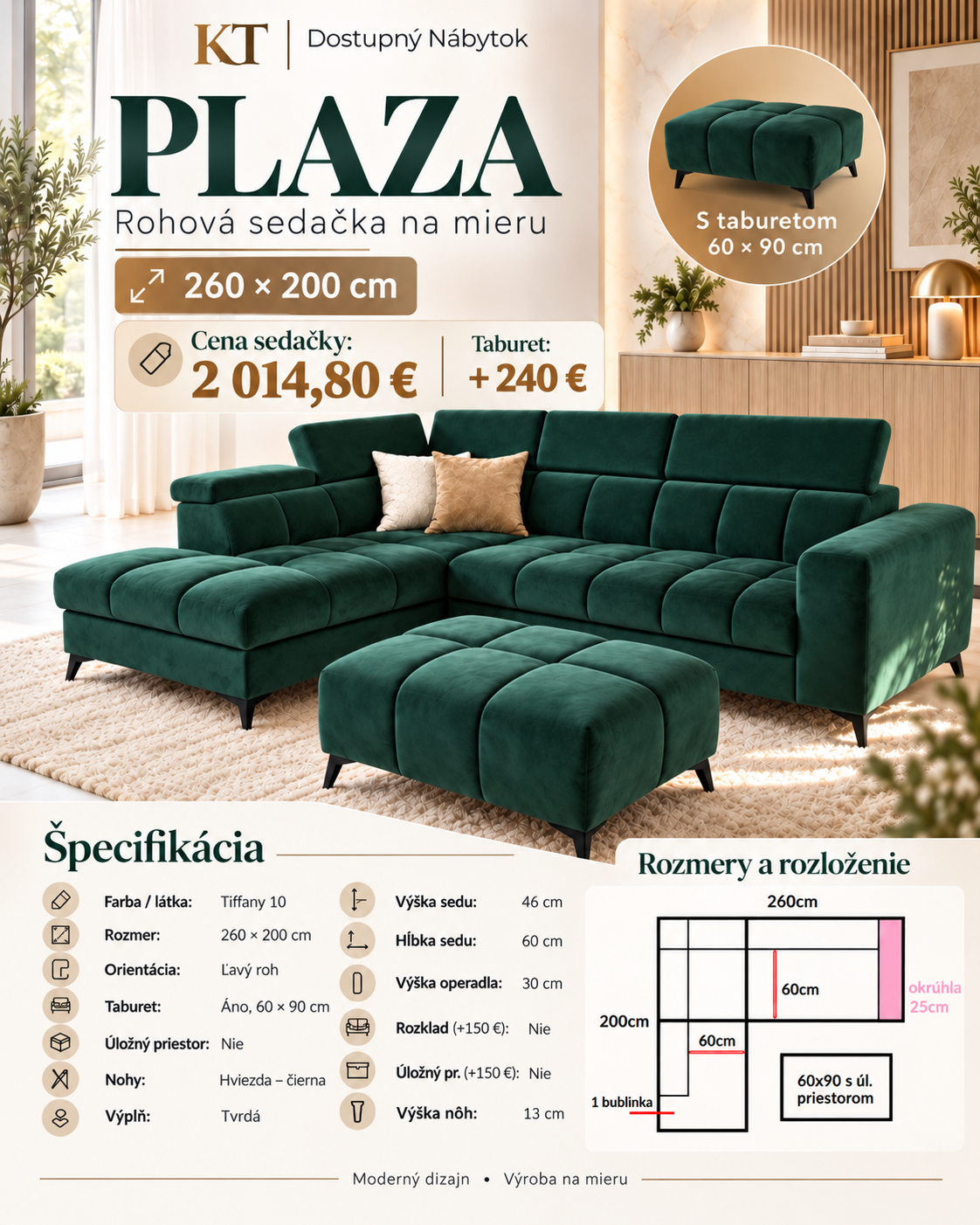 Rohová sedačka PLAZA 260 x 200 cm, ľavý roh, Tiffany 10 zelená – skladom