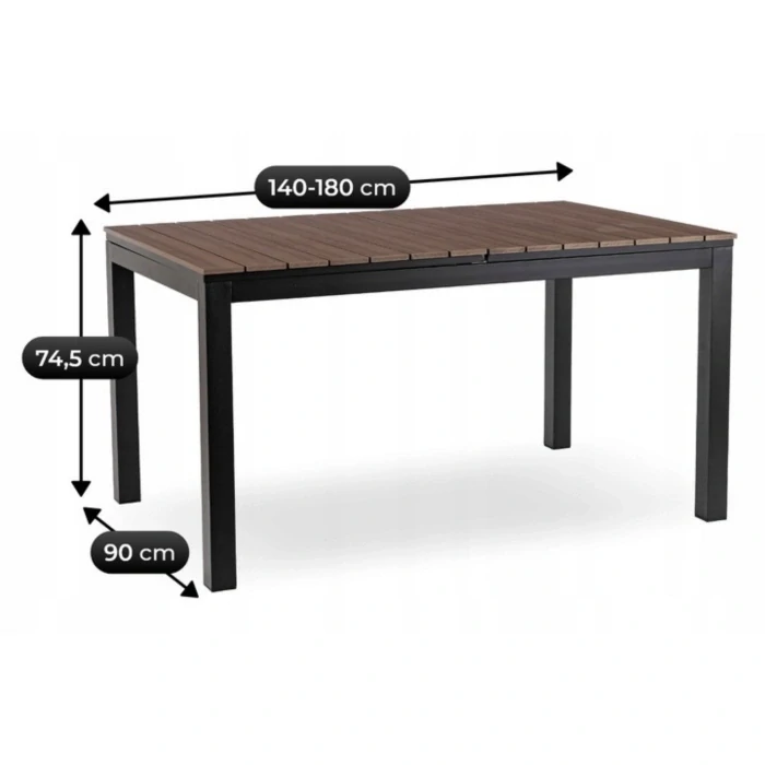 Záhradný nábytok ARGOS stôl 140-180 cm, orech a 4 kreslá FRESNO, čierne