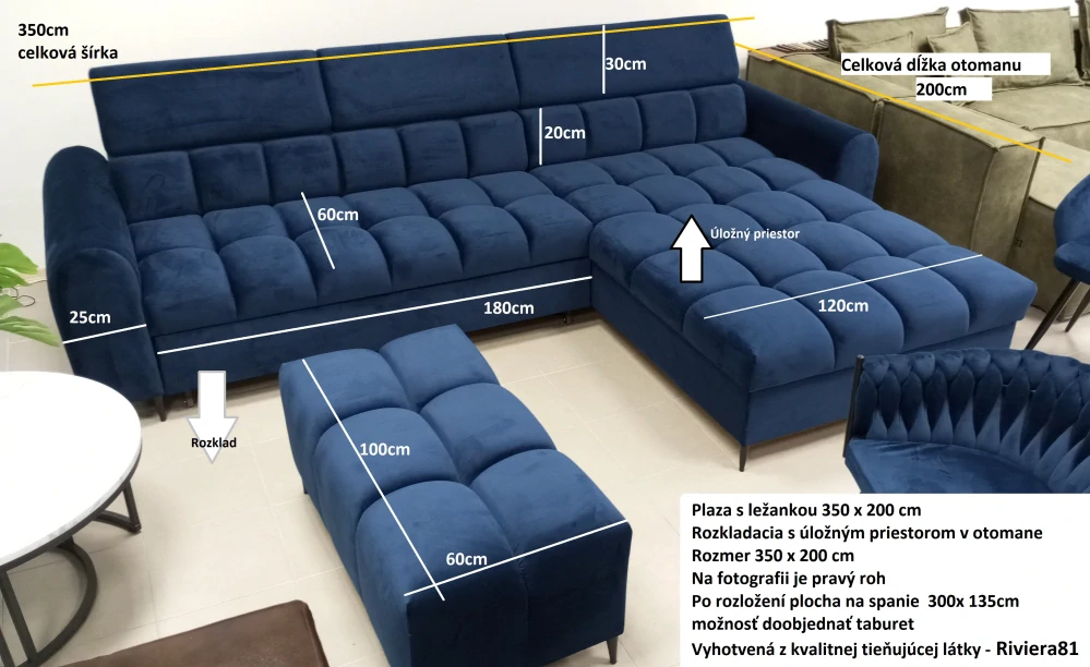 Sedačka PLAZA s otomanom na ležanie 350 x 200 cm ( s úl. priestorom+rozklad)