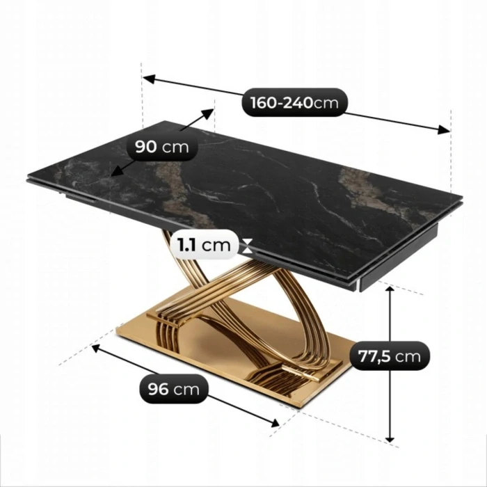 Stôl IBIZA 160-240 cm, čierny mramor/zlatý