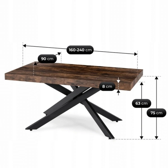 Stôl HAMPTON 160-240 cm, rustikálny dub/čierna