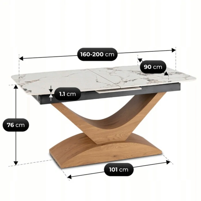 Stôl ALICANTE 160-200 cm, biely mramor/dub