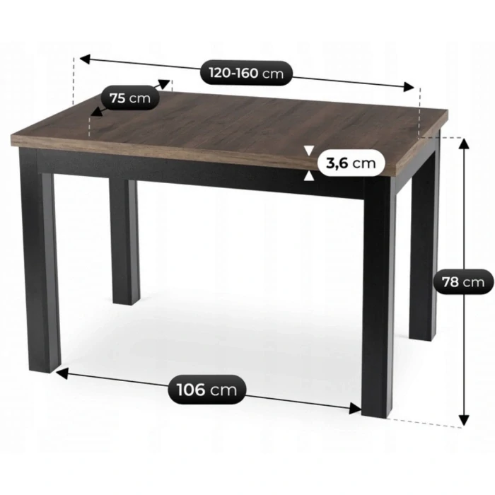 Stôl SKUBI 120-160 cm orech/čierna