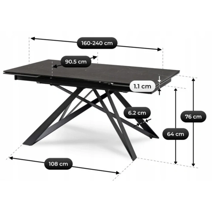 Stôl MAXIME 160-240 cm, keramický, čierny mramor