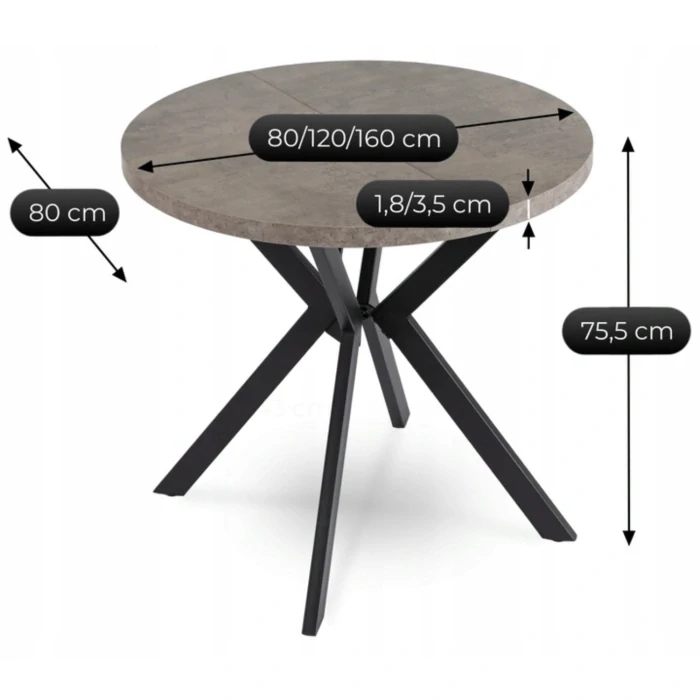 Stôl DORIAN 80-160 cm Betón/Čierna