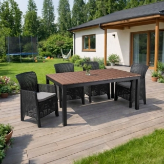 Záhradný nábytok ARGOS stôl 140-180 cm, orech a 4 kreslá FRESNO, čierne